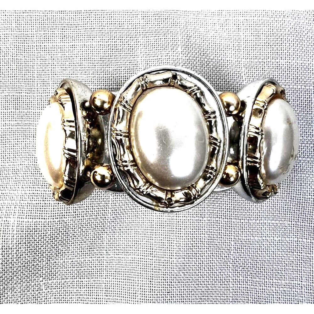Wide Costume Jewelry Bracelet Gold White Stretch Mob Wife Glam Party Fashion - Picture 7 of 8